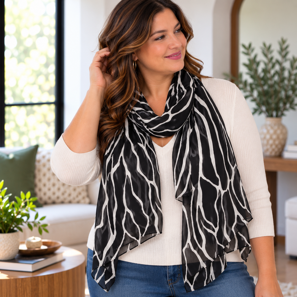 Silk Scarf Women One Size Black White Zebra Tribal Lightweight City Chic Career